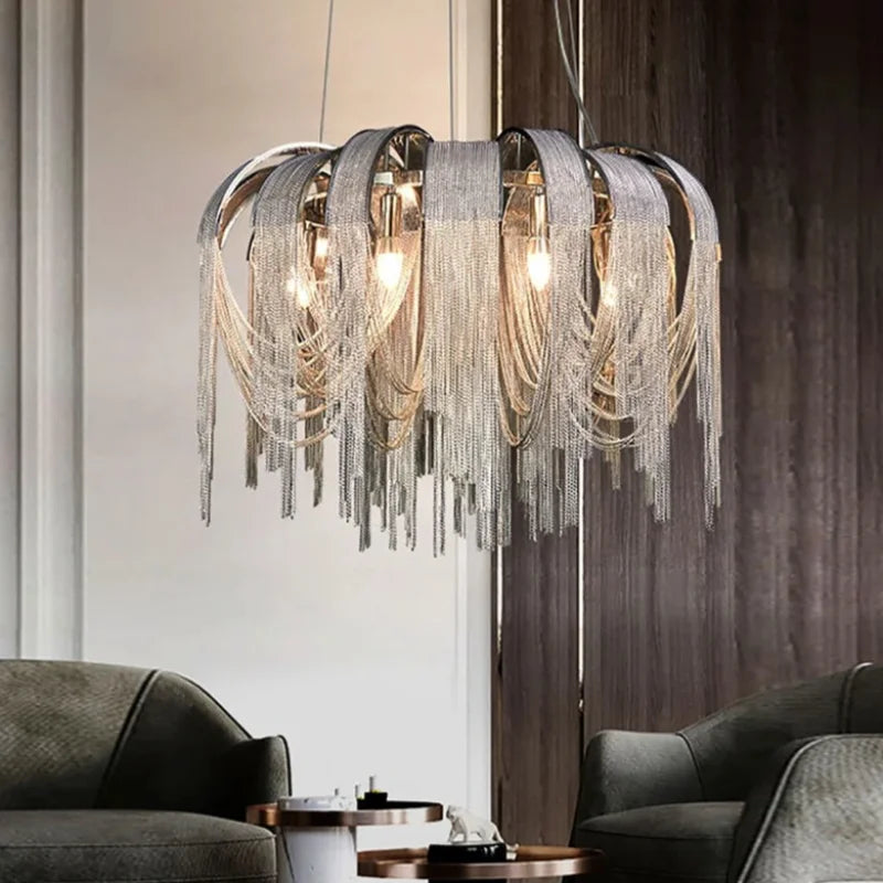 Afralia™ Chrome Tassel LED Chandelier for Living Dining Room Decor - Modern Lustre Design