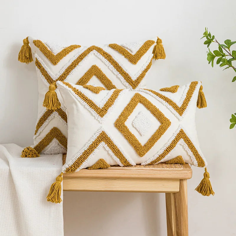 Geometric Embroidered Cotton Pillow Case with Fringed Tufting by Afralia™ for Sofa