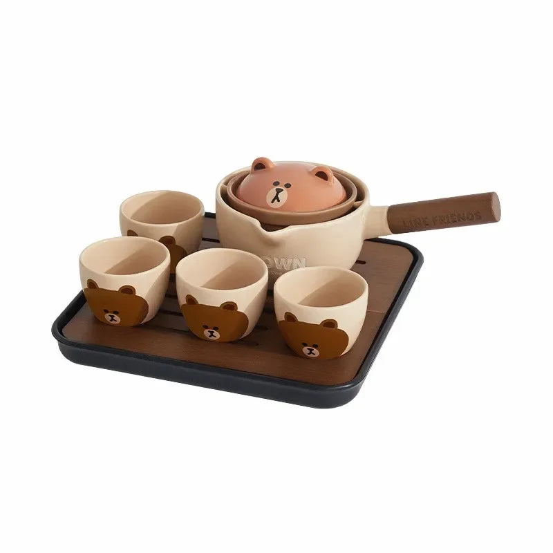 Afralia™ Ceramic Tea Set: Pot, 4 Cups, Portable Kung Fu, Lazy Side Handle, Quick Cup, Bubble Tea Tray