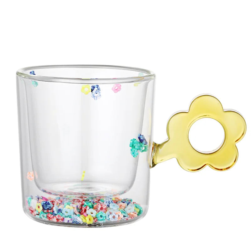 Afralia™ 250ml Double Wall Glass Mug with Glitter Flowers and Flower Handle