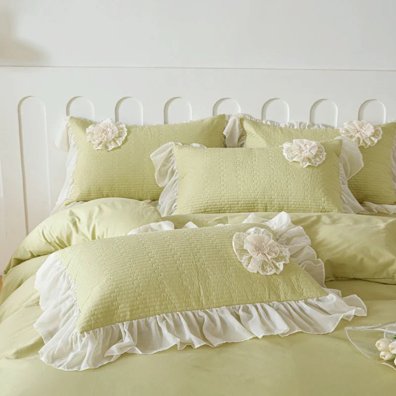 Afralia™ Princess Style Cotton Bedding Set with Flowers, Lace Ruffles, and Quilted Details