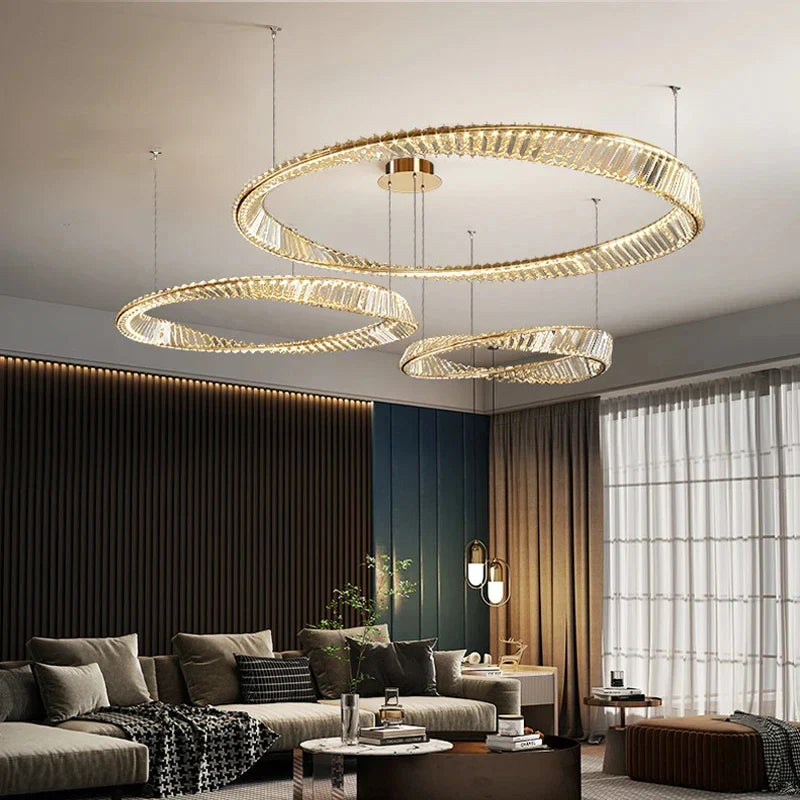 Afralia™ Gold Crystal Ring Chandelier with Dimmable LED for Living Room and Bedroom