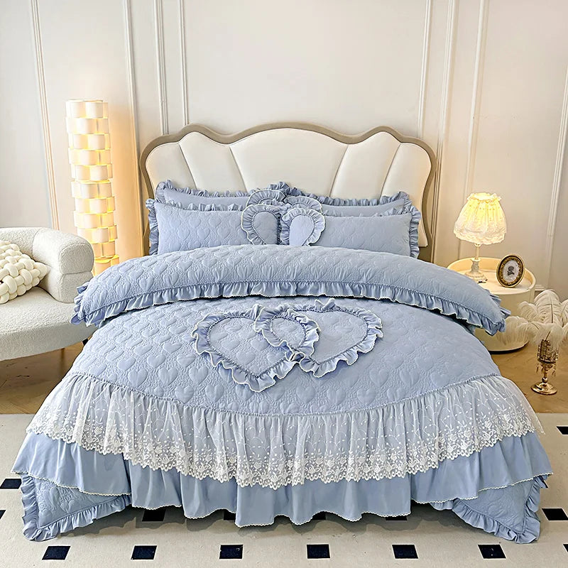 Afralia™ Korean Princess Style Bedding Set with Lace Ruffles and Love Theme