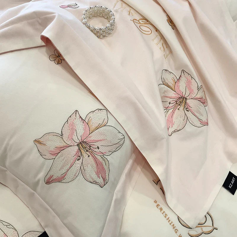 Afralia™ Flowers Embroidery 100% Egyptian Cotton Bedding Set, White/Pink