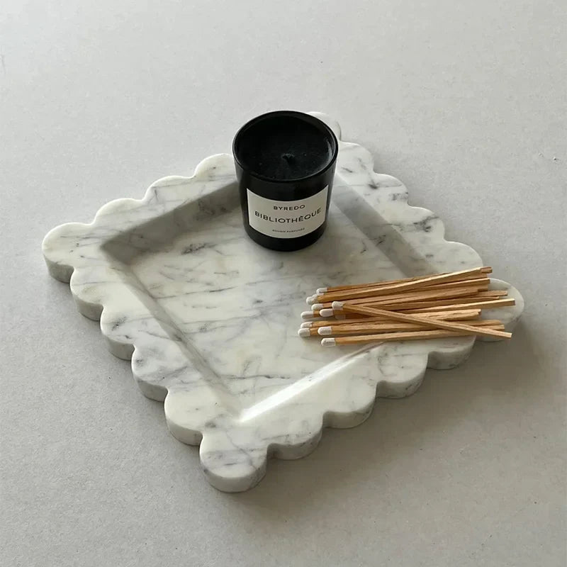 Afralia™ Marble Travertine Serving Tray Scalloped Edge Square Display Tray