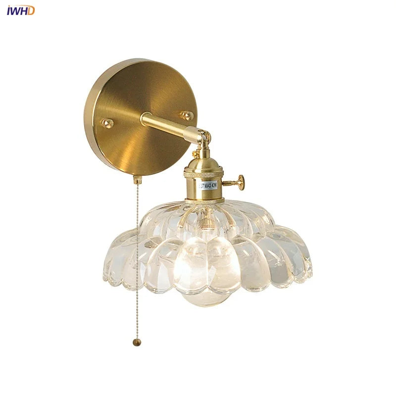 Afralia™ Nordic LED Wall Lights Pull Chain Clear Glass Rotate Copper Bedside Lamp