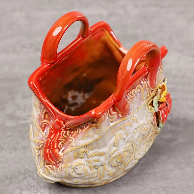 Afralia™ Ceramic Vase Handbag Embossed Flower Arrangement Home Decoration