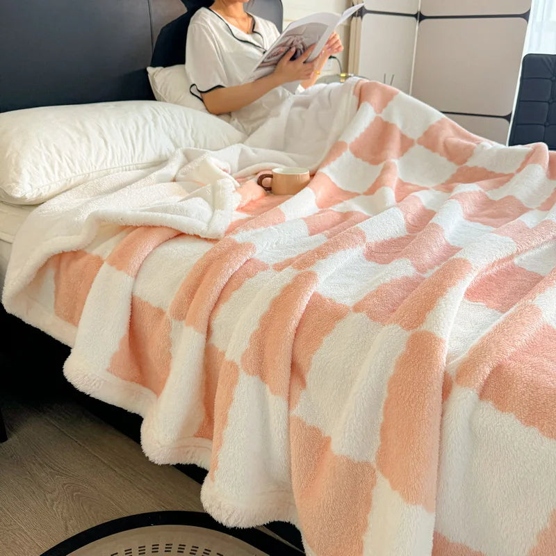 Afralia™ Velvet Checkerboard Blanket - Double Layered Thick Coral Fleece Sofa Cover