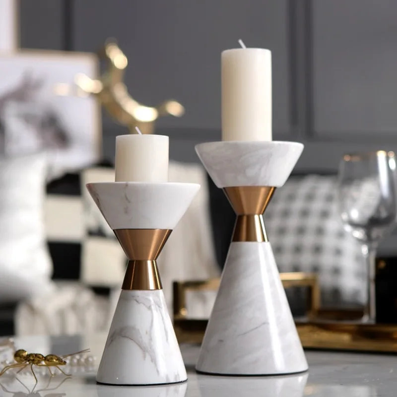 Afralia™ Golden Metal & White Volakos Marble Wedding Candlesticks