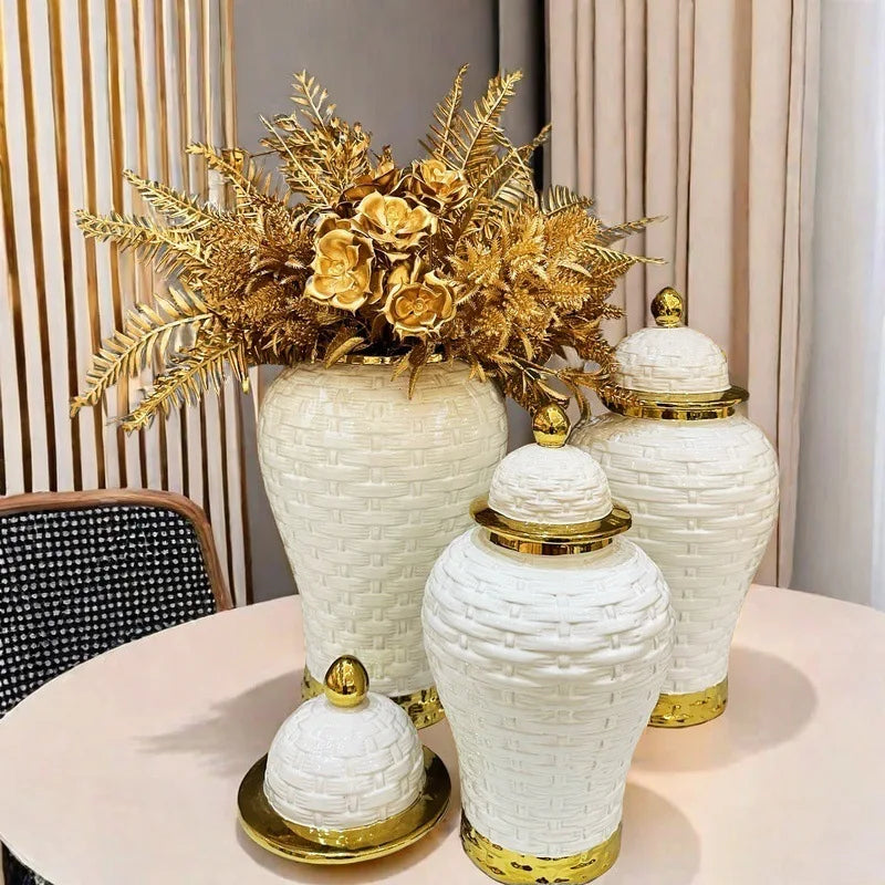Afralia™ Golden Flower Vase Ceramic Checkmate Jar Weave Pattern Home Decoration Accessories