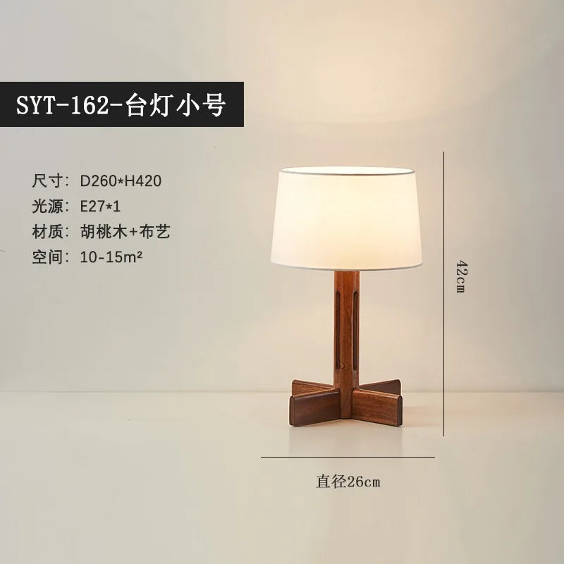 Afralia™ Zen Walnut Wood Table Lamp LED E27 Fabric Lampshade for Bedroom Living Room