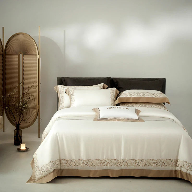 Afralia™ Silky Eucalyptus Cotton Embroidery Bedding Set with Duvet Cover, Sheet, Pillowcases
