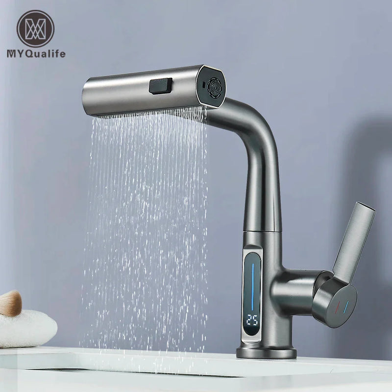 Afralia™ Waterfall Digital Display Basin Faucet with Lift Up Down Stream Sprayer