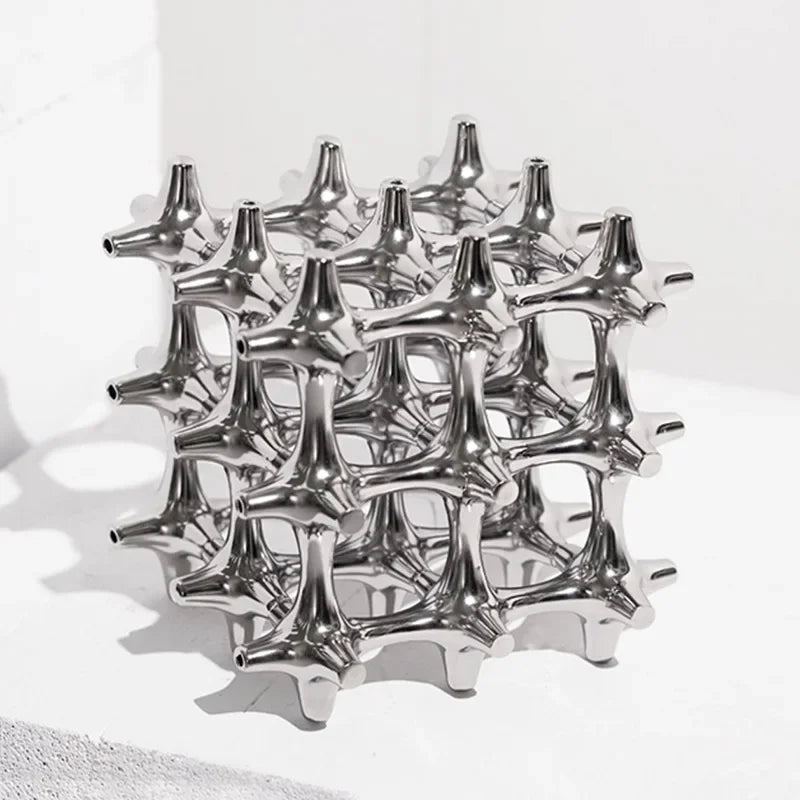 Afralia™ Silver Resin Cube Sculpture Home Decorative Figurine Hollow Layer H27