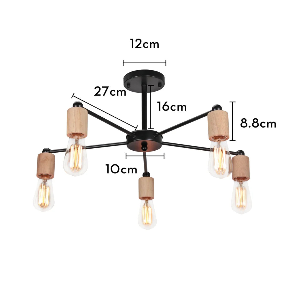 Afralia™ Nordic Loft Chandelier Wood Metal Vintage Ceiling Lamp E27 3/5 Lights for Home Lighting