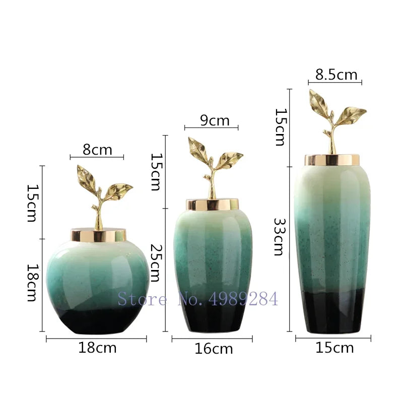 Afralia™ Gradient Ceramic Vase with Golden Leaves Cover for Modern Home Decor and Weddings