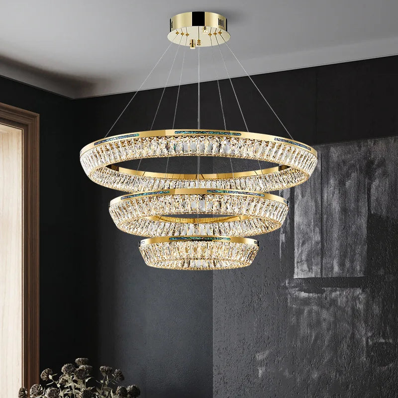 Afralia™ Copper Crystal Pendant Light: Modern Three Layers Ring Chandelier for Home Living Room