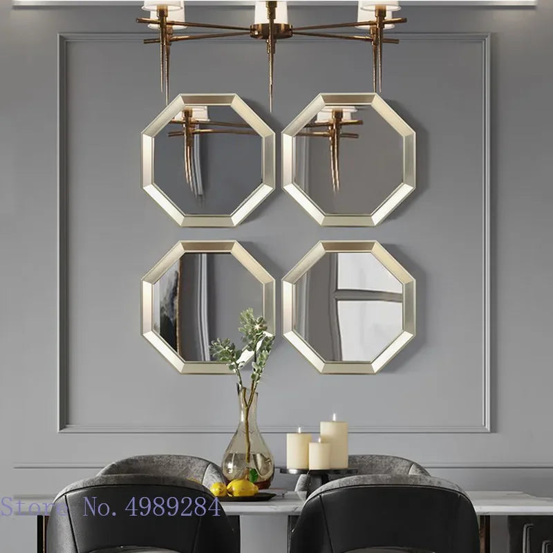Afralia™ Octagon Geometric Glass Wall Mirror Set with Golden Border