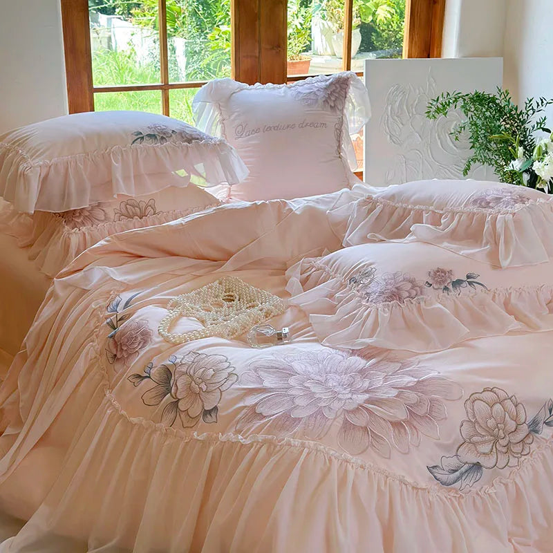 Afralia™ Pink Flowers Lace Ruffles Princess Bedding Set, 1200TC Egyptian Cotton Duvet Cover