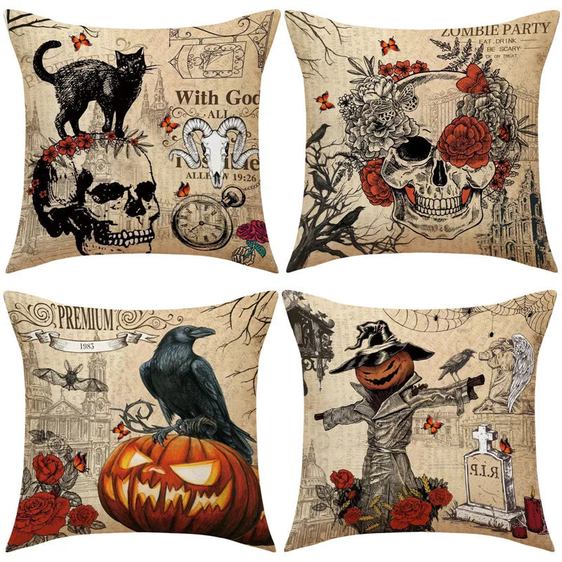 Afralia™ Halloween Pillowcase Set - Festive Sofa Cushion Covers with Pumpkin Cat Witch Hat Print.