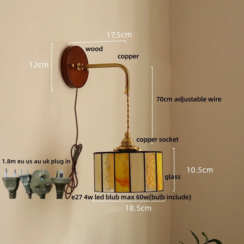 Afralia™ Ceramic LED Wall Light Copper Pull Chain Wood Base Modern Bedside Lamp