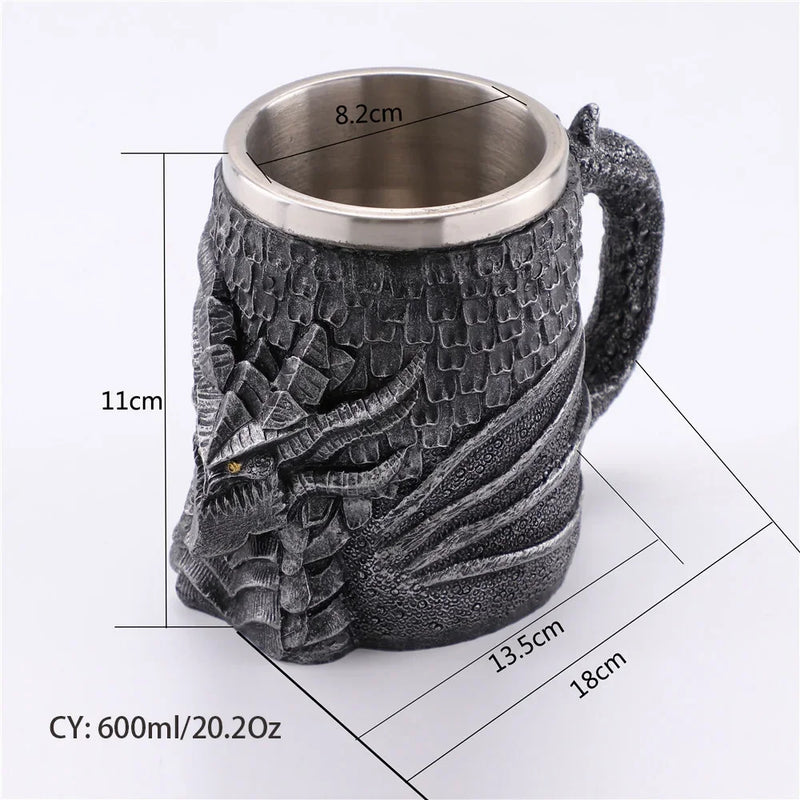 Afralia™ Medieval Dragon Skull Beer Mug 600ml Stainless Steel Tankard Pub Bar Decor