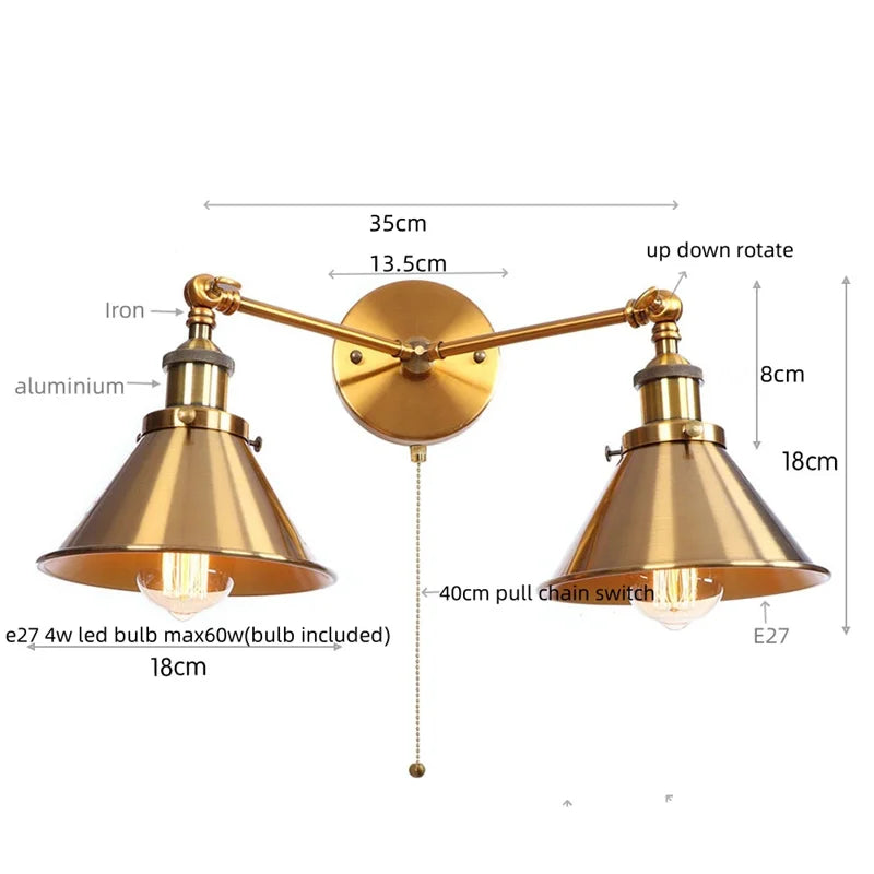 Afralia™ Industrial Vintage LED Wall Light 2 Heads Gold Iron Loft Lamparas De Pared