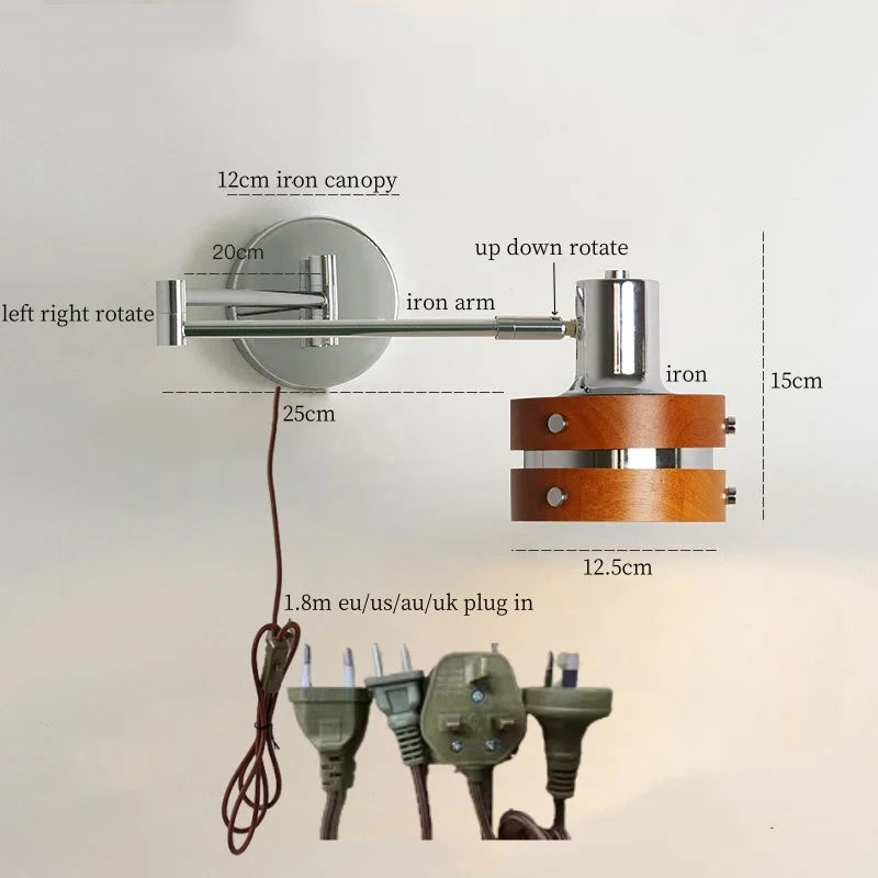 Afralia™ Vintage LED Wall Light Iron Wood Bedside Lamp Wandlamp