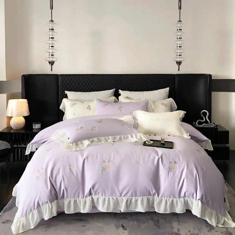 Afralia™ Rose Flowers Cotton Lace Ruffles Wedding Bedding Set