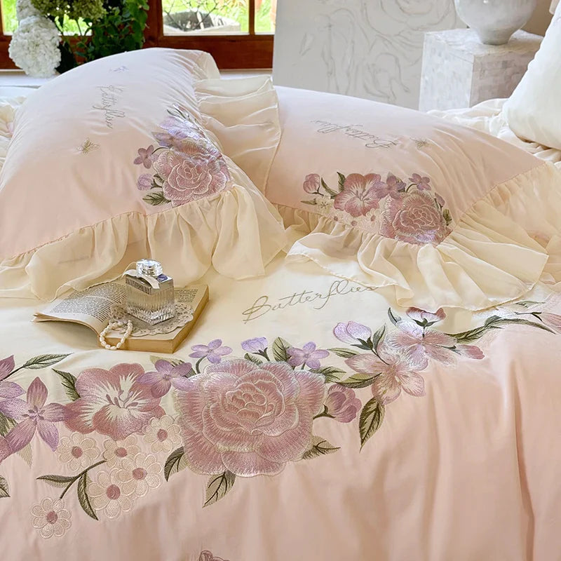 Afralia™ Flowers Lace Ruffles Wedding Bedding Set 1000TC Egyptian Cotton Duvet Cover Set