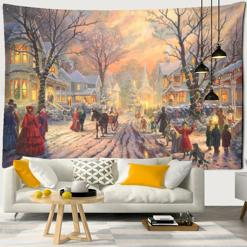 Afralia™ Snowy Christmas Landscape Oil Painting Wall Hanging/Home Decor