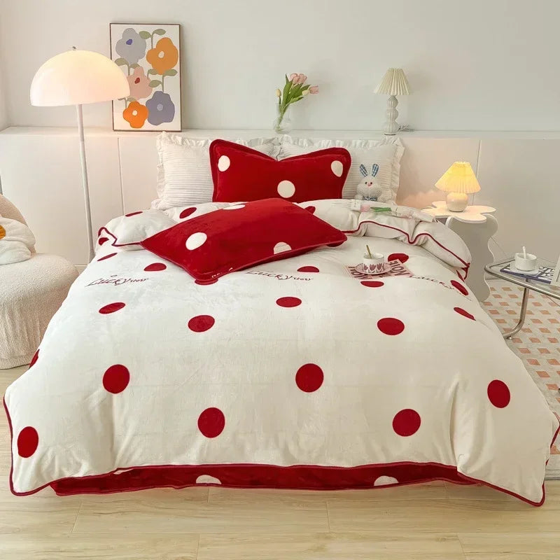 Afralia™ Polka Dot Milk Velvet Queen Bedding Set with Sheets & Pillowcases
