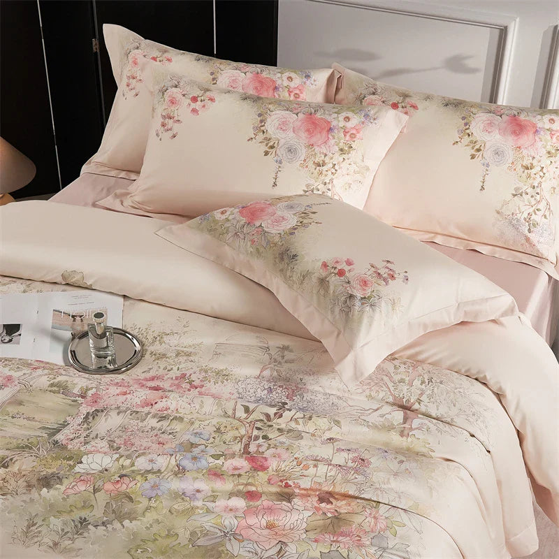 Afralia™ Flowers Pattern 1000TC Egyptian Cotton Luxury Bedding Set & Silk Duvet Cover
