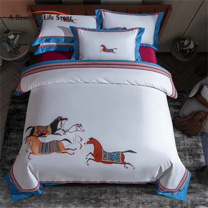 Afralia™ Galloping Horse 1000TC Egyptian Cotton Bedding Set: Duvet, Sheet, Pillowcases - Soft & Comfy