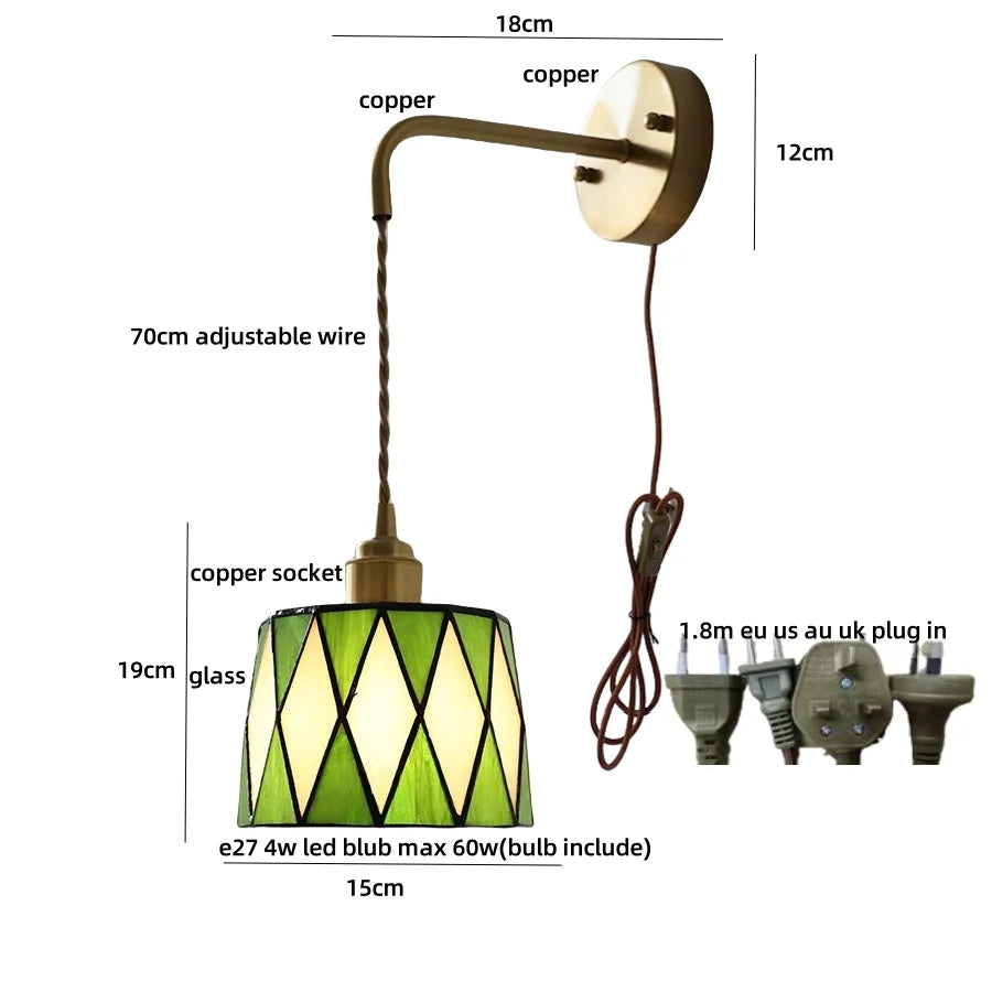 Afralia™ Tiffany Glass LED Wall Sconce | Adjustable Wire Fixture | Modern Pull Chain Switch