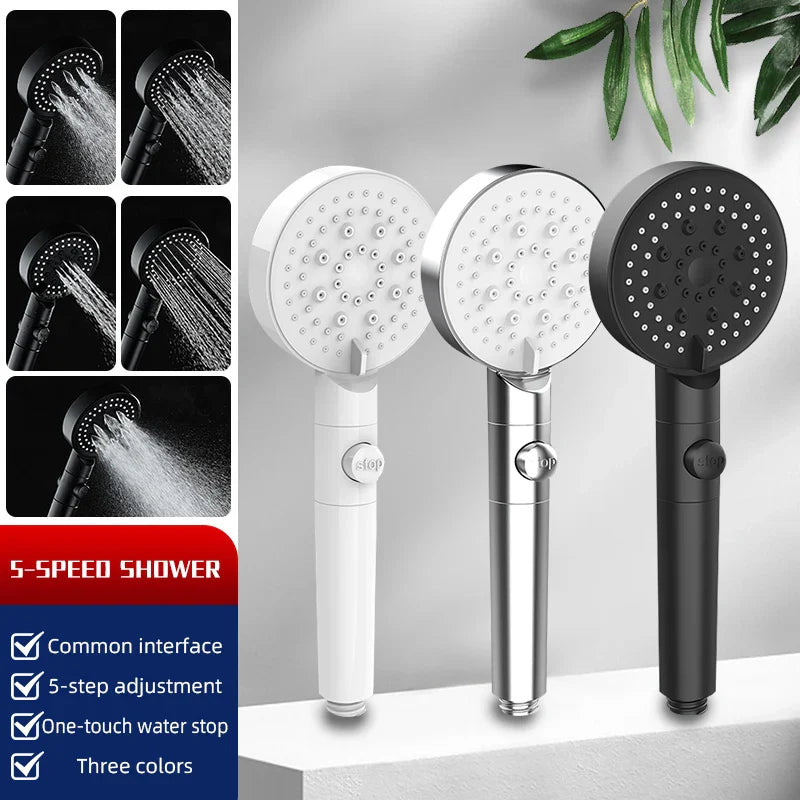 Afralia™ 5-Function Shower Head with Stop Button, 10cm Panel, Silicone Gel Holes