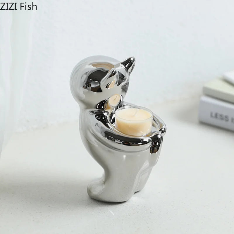 Afralia™ Silver Ceramic Cat Candle Holder Home Aroma Container & Decorative Desk Ornament