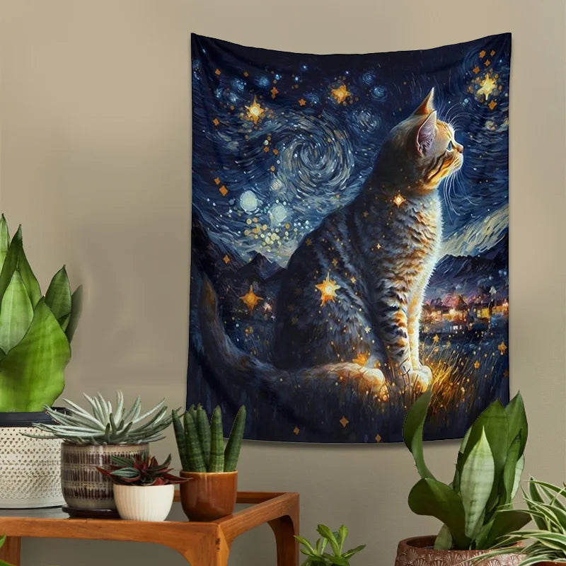 Afralia™ Starry Night Cat Tapestry: Moon Art Oil Painting Wall Hanging for Boho Home Decor