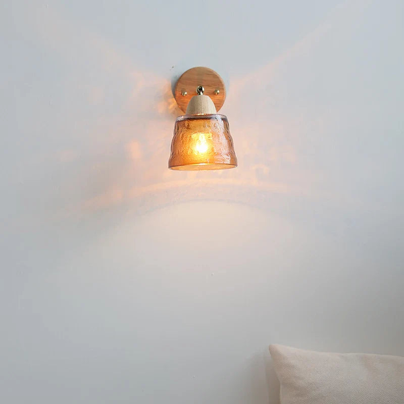Afralia™ Wood Canopy LED Wall Lights Pull Chain Switch Amber Glass Modern Bedside Sconce