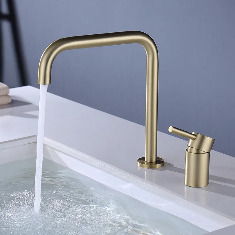 Afralia™ Black Basin Faucet: Brushed Gold Two-Hole Bathroom Sink Tap with Rotating Spout