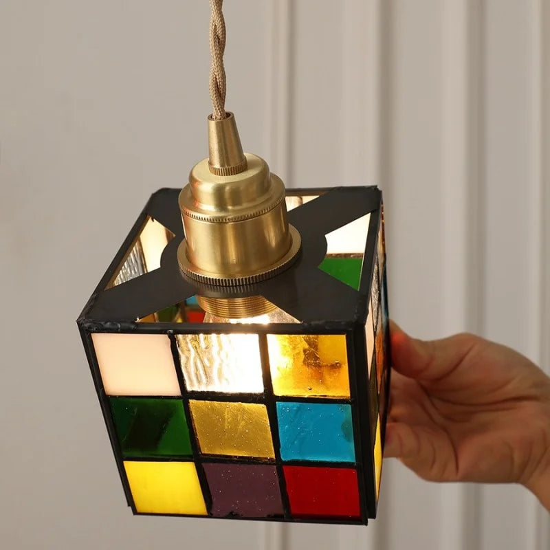Afralia™ Rubik's Cube LED Pendant Lamp - Walnut Wood Colorful Glass Hanging Lights