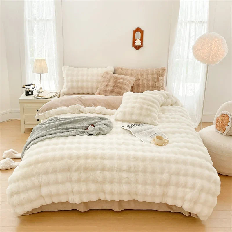 Afralia™ Velvet Fleece Princess Bedding Set in Pink Purple Grey Gradient, Luxury Duvet Cover & Faux Rabbit Fur