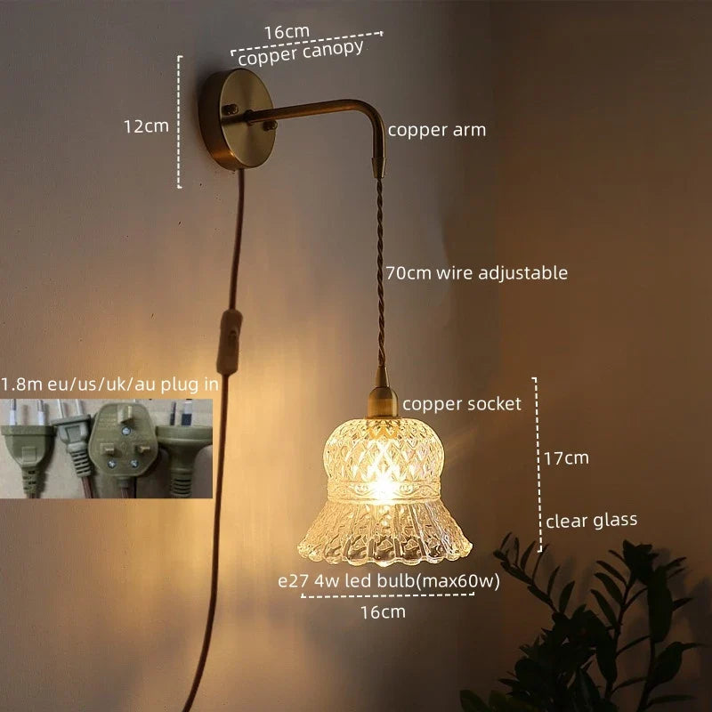 Afralia™ Vintage Copper Glass LED Wall Light with Pull Chain Switch for Dining Room Bedroom