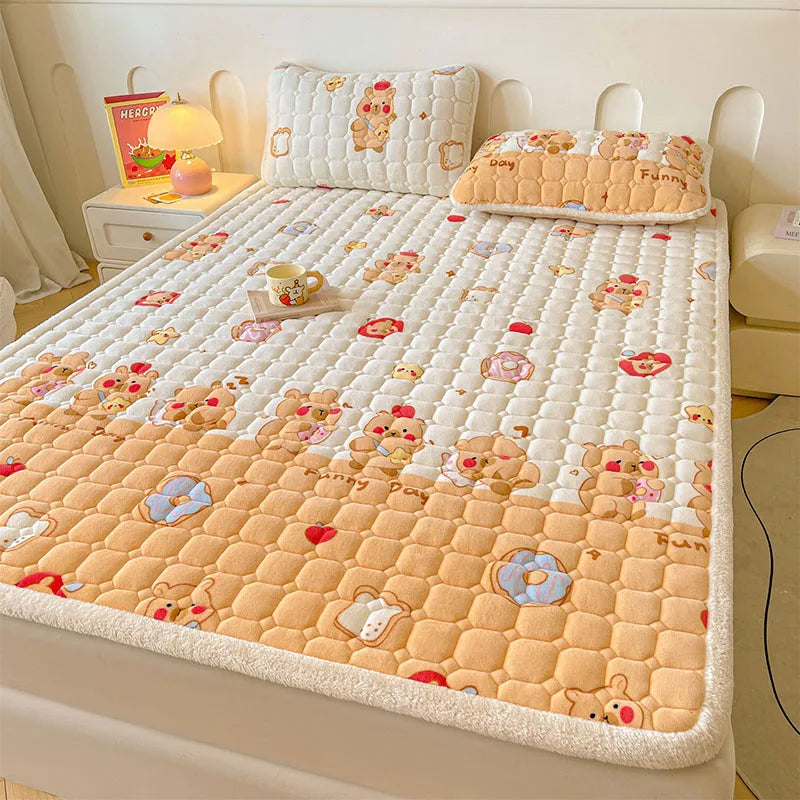 Afralia™ Milk Velvet Printed Mattress Topper: Thick Warm Cartoon Cushion for All Seasons