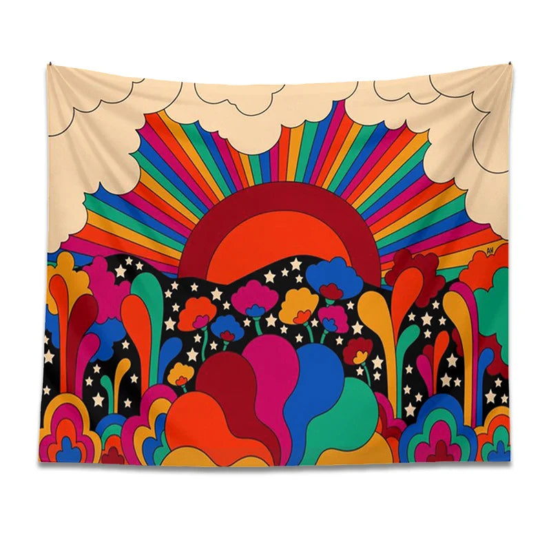 Afralia™ Retro Floral Sun Rainbow Tapestry Wall Hanging - Psychedelic Vintage Dorm Decor