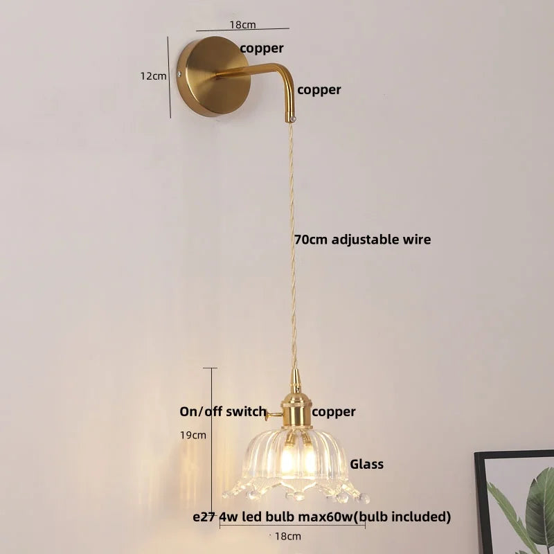 Afralia™ Copper LED Glass Wall Sconce with Pull Chain Switch for Living Dining Room