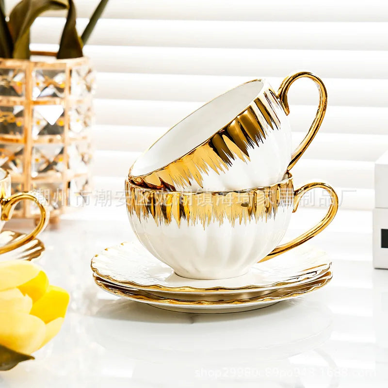 Afralia™ Golden Ceramic Tea Cup Set, Elegant English Afternoon Tea, High Aesthetic Value