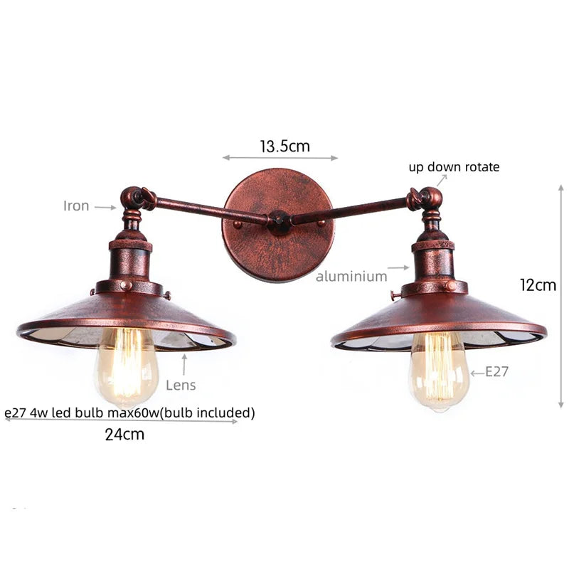 Afralia™ Vintage Gold Industrial Wall Lights with Pull Chain Switch and 2 Heads