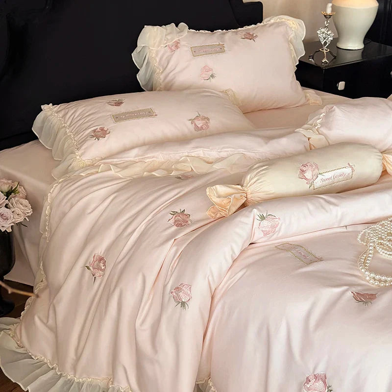 Afralia™ Rose Flowers Embroidery Lace Ruffles Cotton Brushed Bedding Set