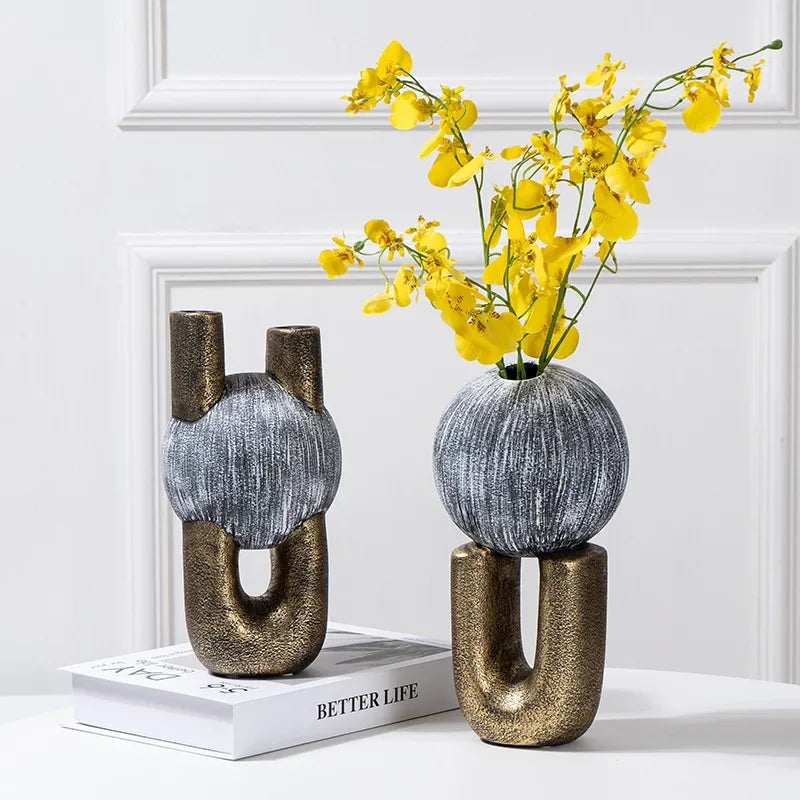 Afralia™ Golden Stripe Geometric Ceramic Vase - Abstract Floral Arrangement Home Decor